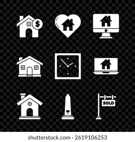 Set House with dollar symbol, heart shape, Computer monitor smart home, Washington monument, Hanging sign text Sold,  and Clock icon. Vector
