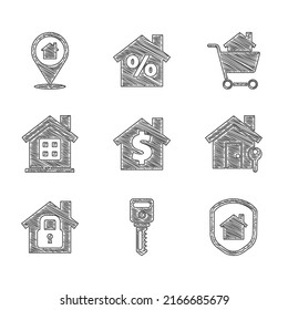 Set House with dollar symbol, key, under protection, Shopping cart house and Location icon. Vector