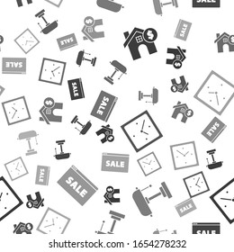 Set House with dollar symbol, Table lamp, Clock and Hanging sign with text Online Sale on seamless pattern. Vector