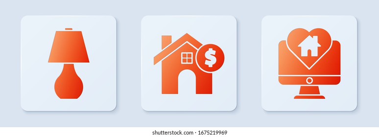 Colocar Casa con símbolo de dólar, lámpara de mesa y monitor con forma de corazón. Botón cuadrado blanco. Vector
