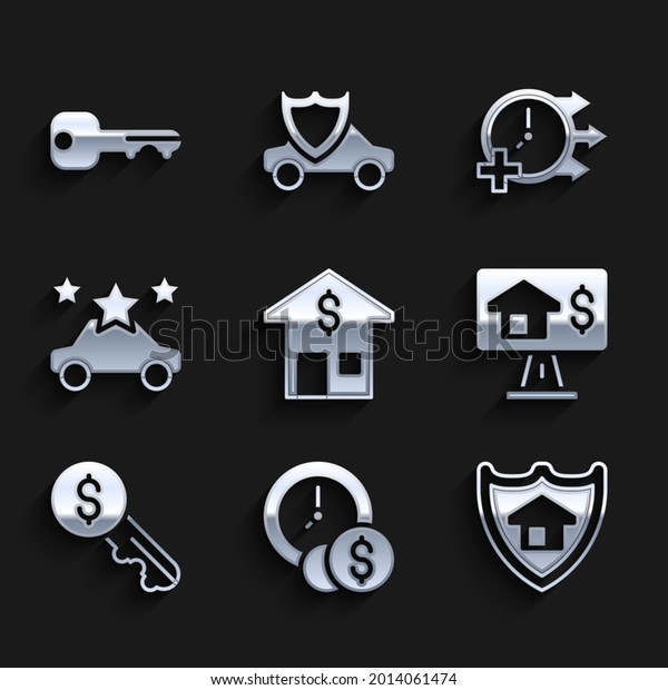 Set House with\
dollar, Time is money, shield, Online real estate, Rent key, Car\
sharing, Clock and  icon.\
Vector