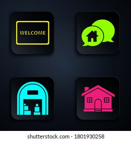 Set House, Doormat with the text Welcome, Warehouse and House building in speech bubble. Black square button. Vector