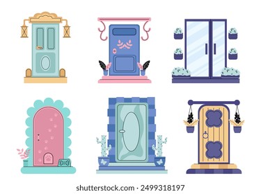 Set of house doors. Facade and exterior for cottage or townhouse. Beautiful doorways with bushes, flowers and cactuses. Linear vector collection isolated on white background