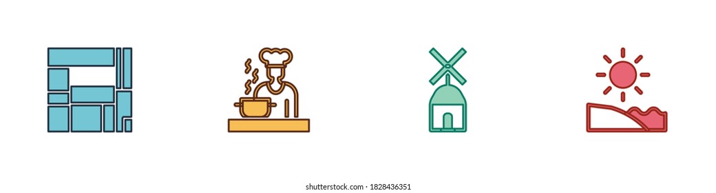 Set House Edificio Mirador, Spanish cook, Windmill and Beach icon. Vector.