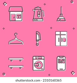 Set House, Electric kettle, Handle broom, Hanger wardrobe, Knife, Refrigerator, Empty wooden shelves and Washer icon. Vector