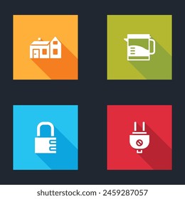 Set Haus, Wasserkocher, Safe-Kombi-Schloss und Stecker-Symbol. Vektorgrafik