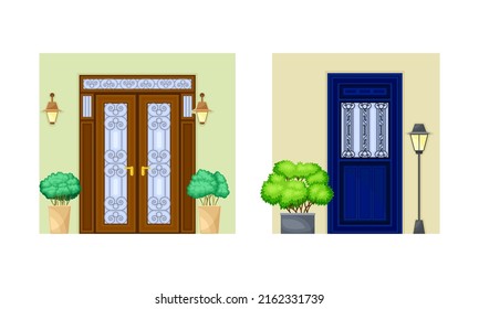 Set of house entrance. Entries to apartments with closed doors, potted plants and lamps vector illustration