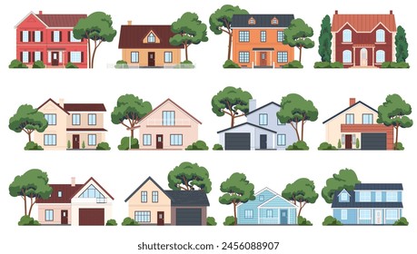 Set of house exterior architecture. Facades of mansions with trees. Residential rural and urban buildings. Traditional and modern houses. Vector illustration