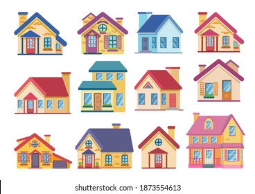 Set of house exterior. Collection of houses front view. Difference of village home. Isolated vector illustration of flat building. 