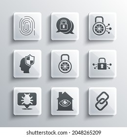 Set House with eye scan, Chain link, Cyber security, Safe combination lock, System bug, Head shield, Fingerprint and  icon. Vector
