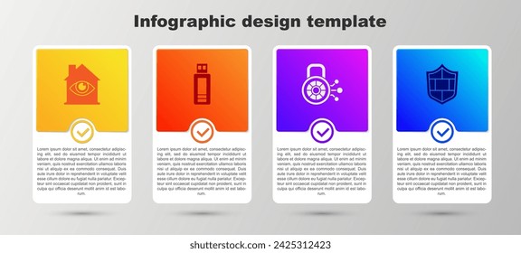 Set House con escaneo ocular, unidad flash USB, seguridad cibernética y pared de ladrillos Shield. Plantilla de infografía de negocios. Vector