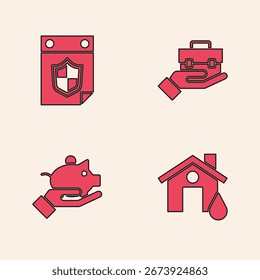 Inundación de la casa, calendario con escudo, mano que sostiene el maletín y el icono de la mano de la hucha. Vector