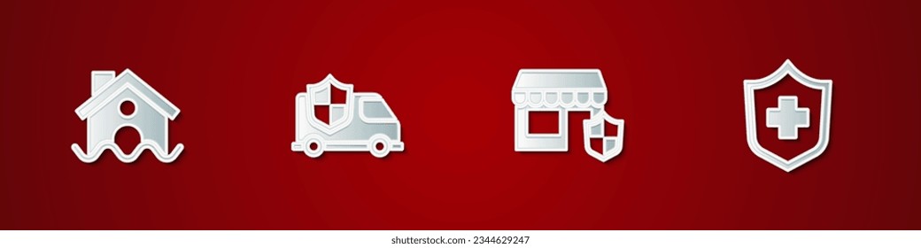 Bauen Sie Häuserflut, Auto mit Schild, Einkaufsgebäude und Krankenversicherung Symbol. Vektorgrafik