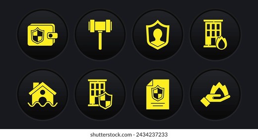 Set House flood, Fire in burning house, with shield, Contract, Life insurance, Judge gavel, Hand holding fire and Wallet icon. Vector