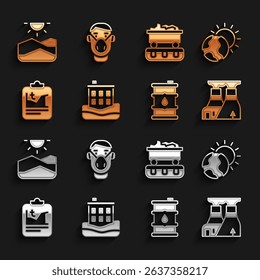 Set House flood, Global warming, Nuclear power plant, Barrel oil, Coal train wagon, Drought and Face protective mask icon. Vector