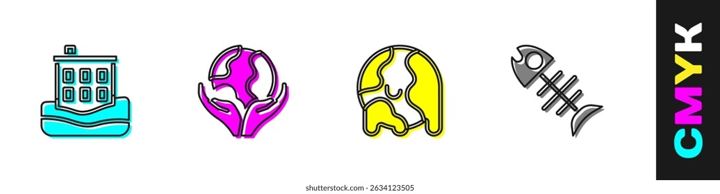 Set House flood, Hand holding Earth globe, Global warming and Dead fish icon. Vector
