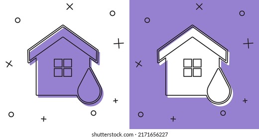 Set House flood icon isolated on white and purple background. Home flooding under water. Insurance concept. Security, safety, protection, protect concept.  Vector