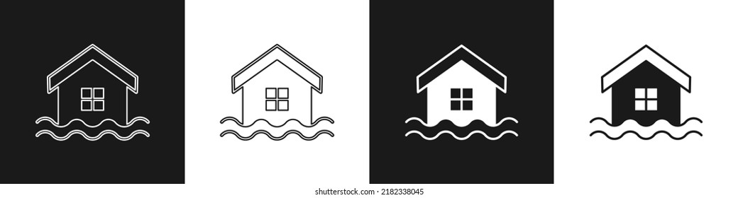 Set House flood icon isolated on black and white background. Home flooding under water. Insurance concept. Security, safety, protection, protect concept.  Vector