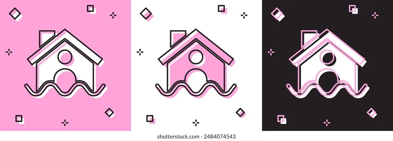 Icono de la inundación de la casa aislado en rosa y blanco, fondo negro. Inundación de viviendas bajo el agua. Concepto de seguro. Seguridad, seguridad, protección, concepto de protección.