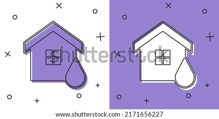 Set House flood icon isolated on white and purple background. Home flooding under water. Insurance concept. Security, safety, protection, protect concept.  Vector