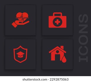 Set House flood, Life insurance in hand, First aid kit and Graduation cap with shield icon. Vector