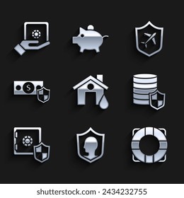 Set House flood, Life insurance with shield, Lifebuoy, Money, Safe, Plane and hand icon. Vector