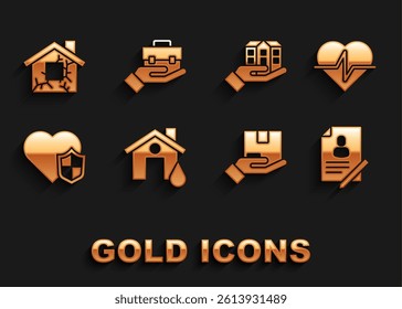 Set House flood, Life insurance, Document with shield, Delivery, hand,  and Hand holding briefcase icon. Vector