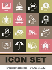 Set House flood, Plane in hand, Lifebuoy, Education grant, Car insurance, accident, Insurance online and Light bulb icon. Vector