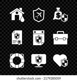 Set House flood, Plane with shield, Money, Lifebuoy, Location, insurance, Contract and Calendar icon. Vector