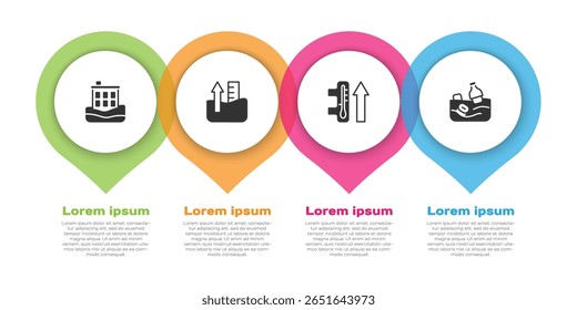 Set House flood, Rise in water level, Global warming and Problem pollution of the ocean. Business infographic template. Vector