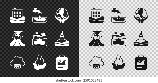 Set House flood, Water problem, Hand holding Earth globe, CO2 emissions cloud, Glacier melting, Global warming, Volcano eruption with lava and Wrecked oil tanker ship icon. Vector