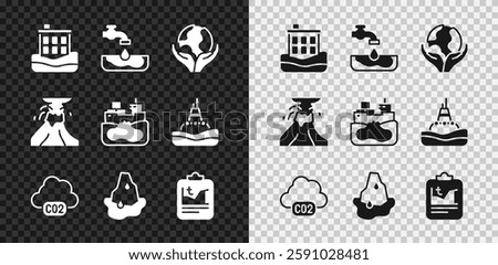 Set House flood, Water problem, Hand holding Earth globe, CO2 emissions cloud, Glacier melting, Global warming, Volcano eruption with lava and Wrecked oil tanker ship icon. Vector