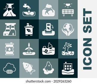 Set House flood, Withered tree, Hand holding Earth globe, Deforestation, Recycle bin with recycle, Nuclear power plant, Volcano eruption lava and Petrol gas icon. Vector