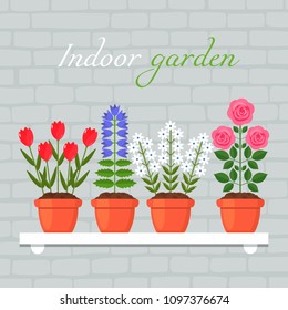 A set of house flowers in pots on a hanging shelf against a brick wall background. Beautiful bouquets of roses, daisies, violet. The concept of gardening. vector illustration isolated illustration