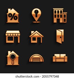 Set House, Garage, Sofa, Closed door, Search house, Market store,  and with percant discount icon. Vector