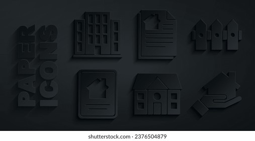 Set House, Garden fence wooden, Online real estate house, Realtor, contract and  icon. Vector