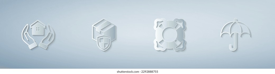 Ponga la casa en la mano, Seguridad de entrega con escudo, Lifebuoy y Paraguas. Estilo de arte de papel. Vector