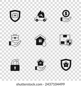 Set House in hand, Delivery security with shield, flood, Money, Briefcase, Burning car and Hand holding briefcase icon. Vector