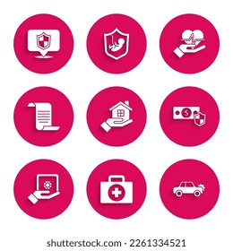 Set House in hand, First aid kit, Car, Money with shield, Safe, Document, Life insurance and Location icon. Vector