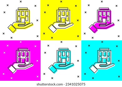 Establecer el icono de la casa en la mano aislado en el fondo del color. Concepto de seguro. Seguridad, seguridad, protección, concepto de protección.  Vector