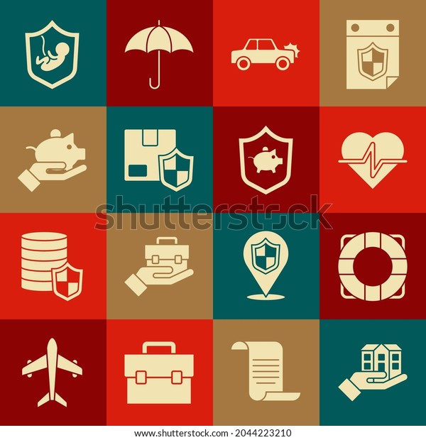 Set House in hand,
Lifebuoy, insurance, Car, Delivery security with shield, Piggy
bank,  and  icon. Vector