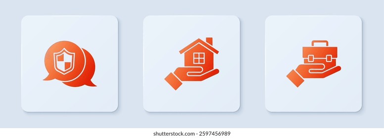 Set House in hand, Location shield and Hand holding briefcase. White square button. Vector