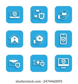 Set House in hand, Money with shield, Insurance online, Briefcase, flood, Education grant and  icon. Vector