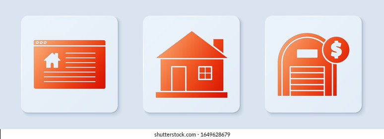 Set House, Signo de Colgar con texto Venta en línea y Almacén con símbolo en dólares. Botón cuadrado blanco. Vector