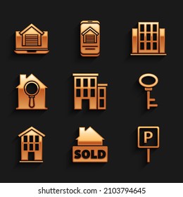 Set House, Hanging sign with text Sold, Parking, key, Search house,  and Online real estate icon. Vector