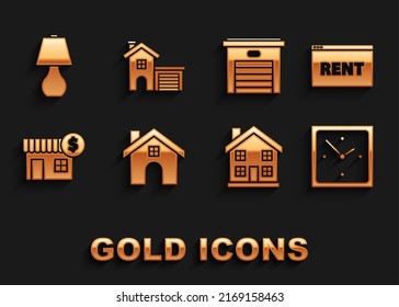 Set House, Hanging sign with text Online Rent, Clock, Home symbol, dollar, Garage, Table lamp and  icon. Vector