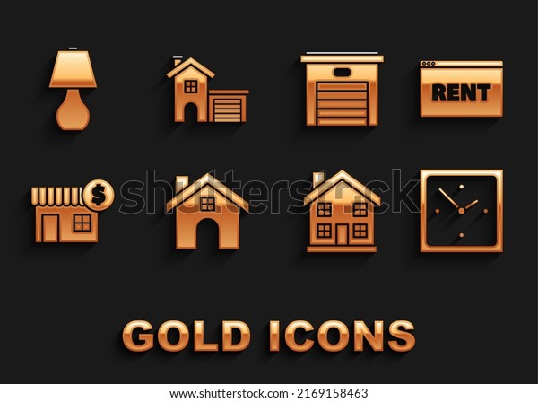 Set House,\
Hanging sign with text Online Rent, Clock, Home symbol, dollar,\
Garage, Table lamp and  icon.\
Vector
