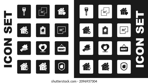 Set House with heart shape, contract, wrong mark, key, plan, Hanging sign Rent and Realtor icon. Vector