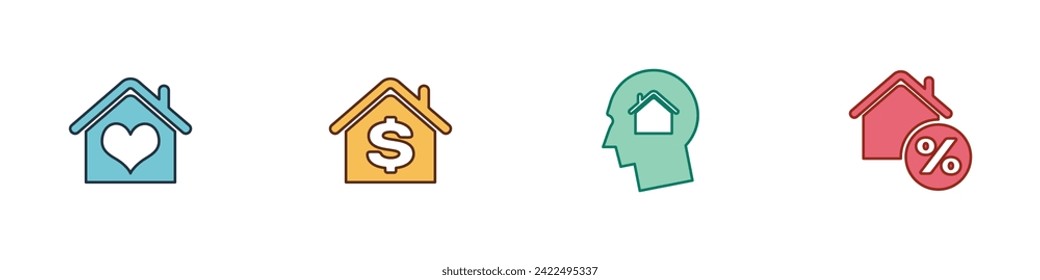 Set House with heart shape, dollar, Man dreaming about buying house and percant icon. Vector