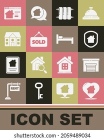 Set House with heart shape, Garage, under protection, Heating radiator, Hanging sign text Sold, Online real estate house and Bed icon. Vector